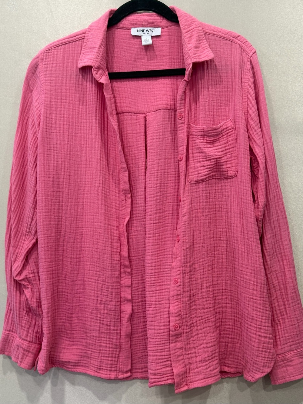 Nine West Pink Gauze Button Front Shirt Women’s Long Sleeve Casual Top Pocket